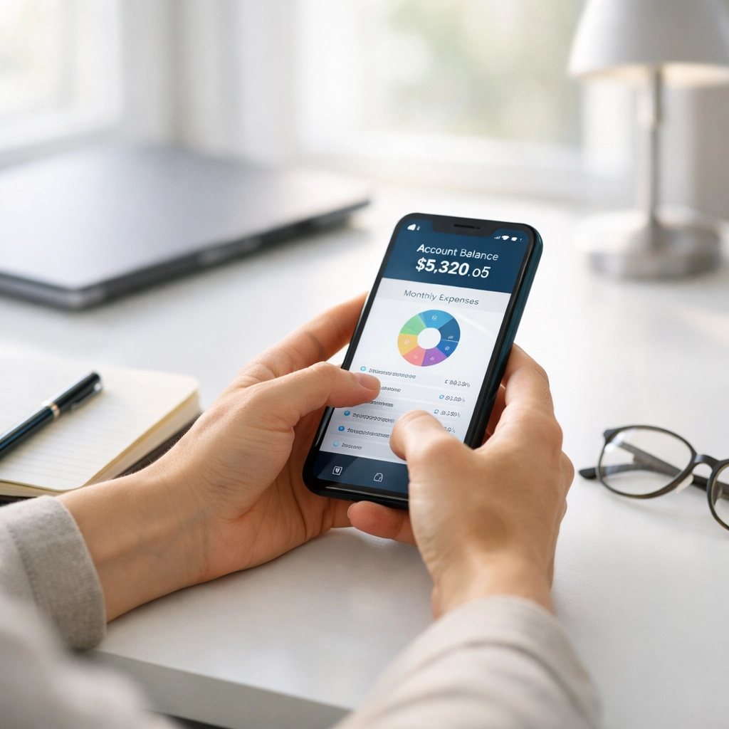 Close-up of hands applying for an instant approval emergency loan on a smartphone in a modern office.