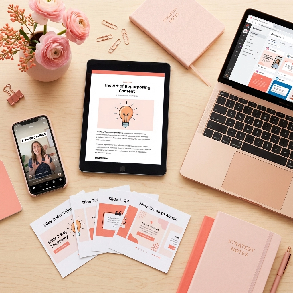 Flatlay of digital devices and printed graphics showing how to repurpose content across multiple social media platforms.