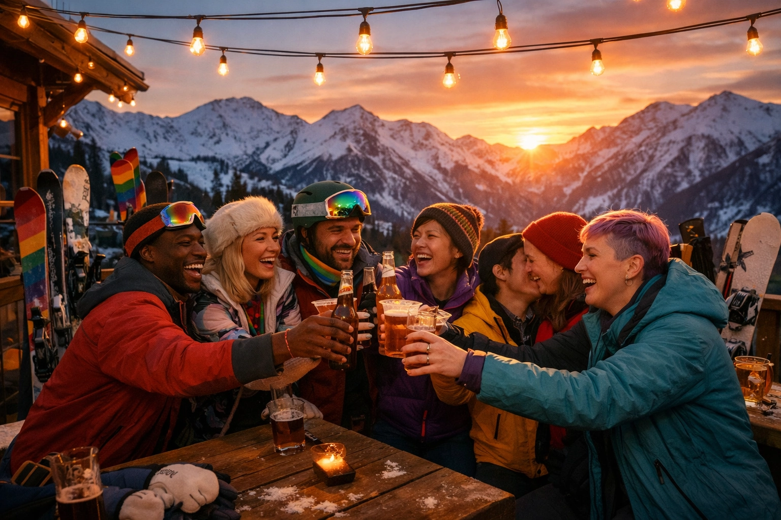 LGBTQ+ friends celebrating at Aspen mountain lodge during après-ski with sunset over snowy peaks