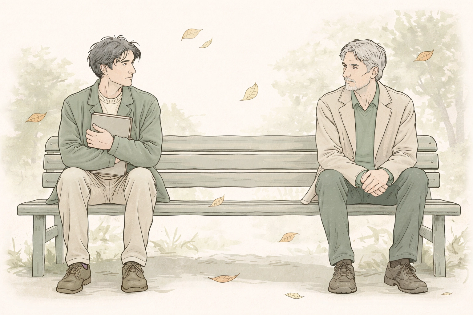 Two middle-aged men sharing a tender moment on a park bench in an emotional MM romance scene