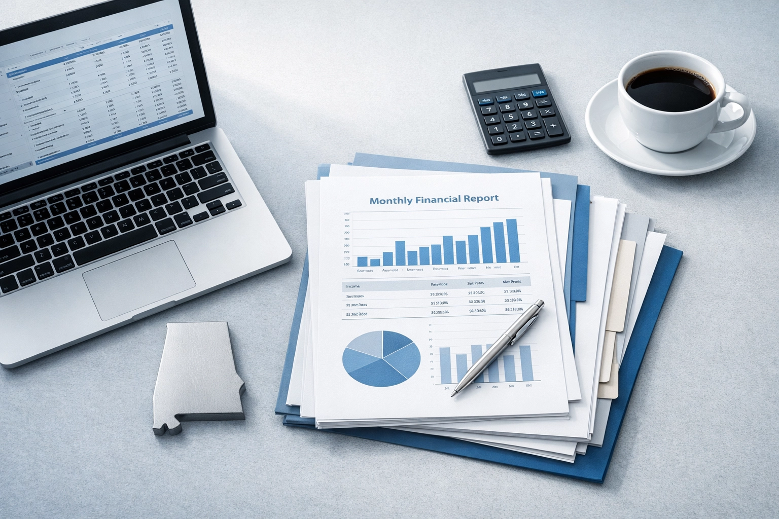 Organized financial documents and business paperwork for SBA loan application