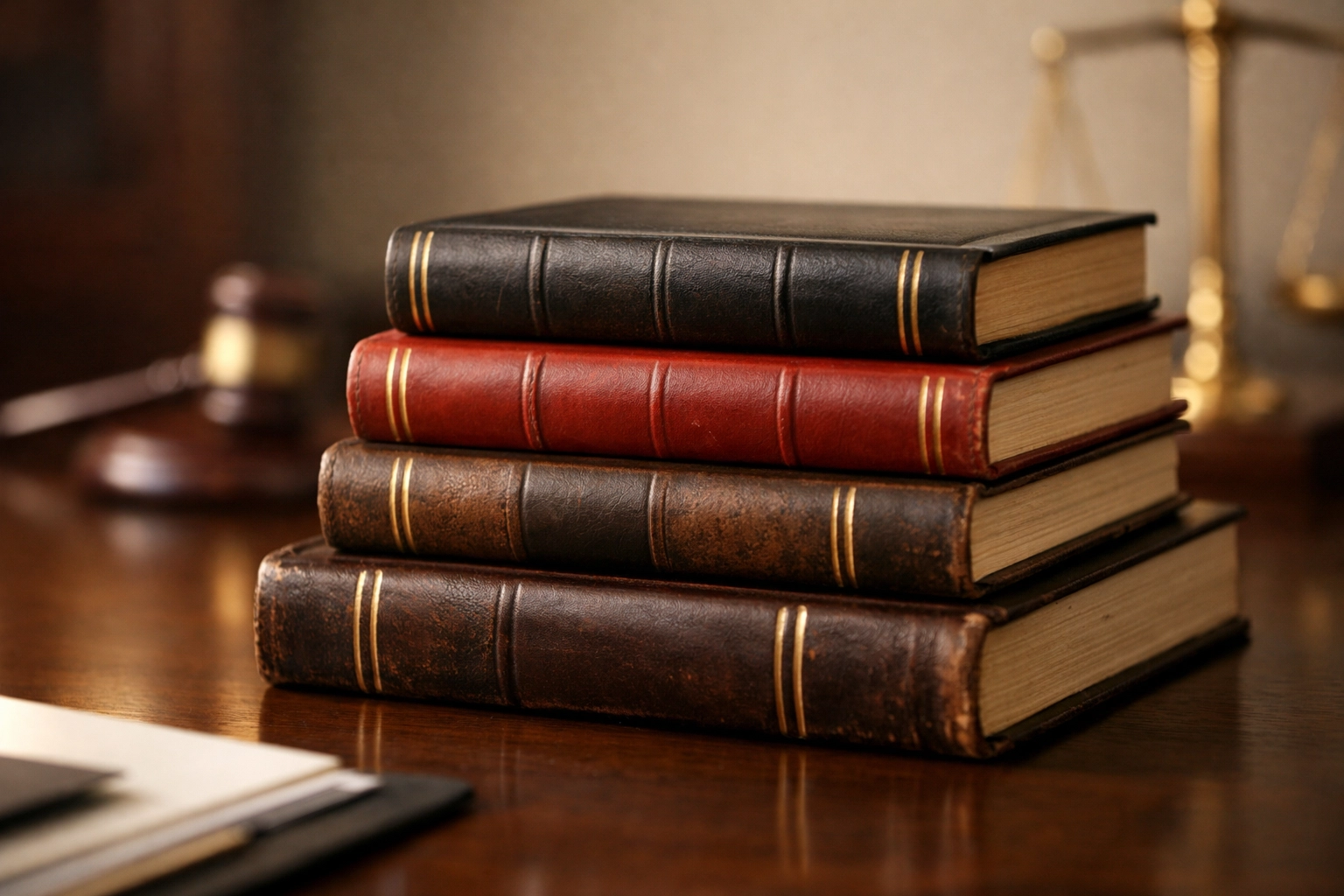 Stack of law books on a clean desk in a law office