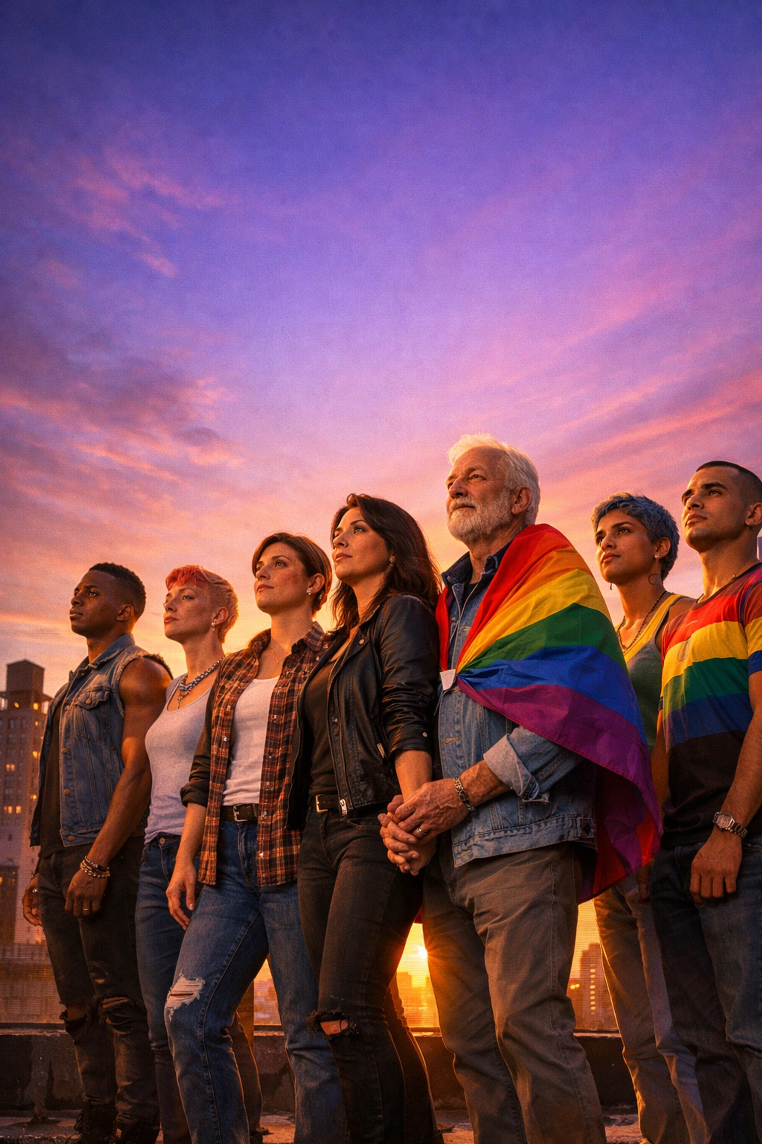 Diverse LGBTQ+ group watching the sunrise, representing community resilience and a future without HIV.
