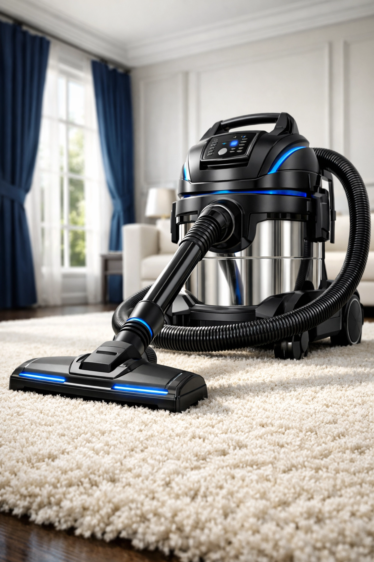 Professional vacuum on a rug in a bright room for high-quality house cleaning Bedford MA.