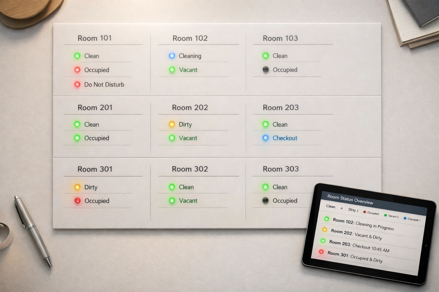 Real-time hotel room status board showing automated housekeeping coordination system