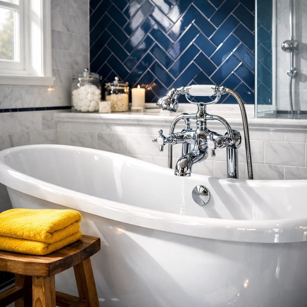 Sparkling luxury bathroom in Worcester featuring polished chrome and deep-cleaned white tile floors.