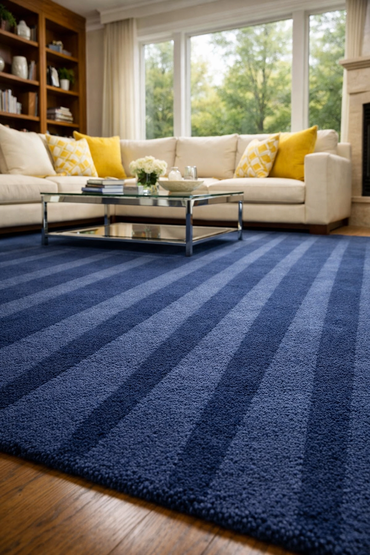 Modern living room in Massachusetts with fresh vacuum lines on a rug after a bi-weekly house cleaning Southborough visit.