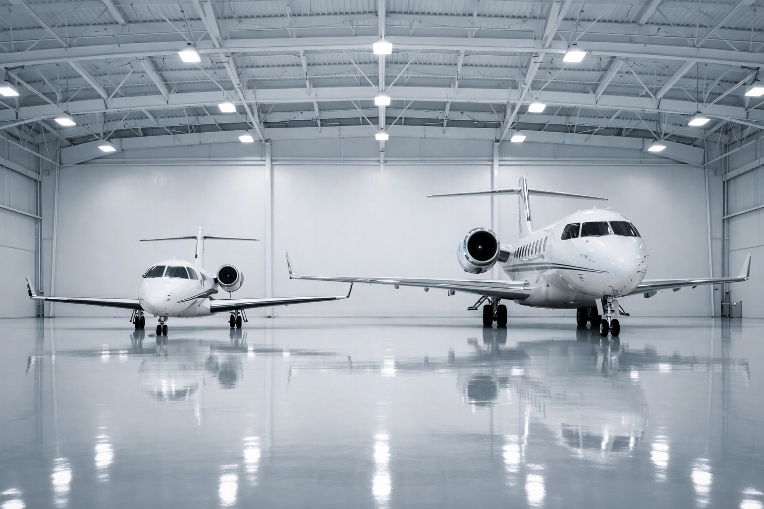 Light and heavy aircraft parked in a luxury hangar showcasing private jet charter fleet options.