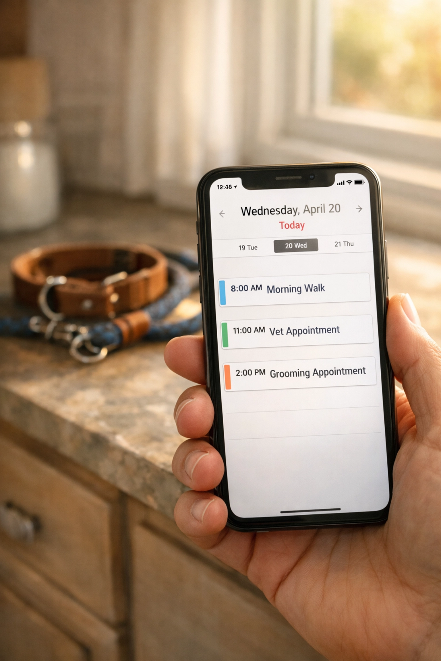 Smartphone calendar tracking daily pet care routine for family law custody documentation | ALT: Family law Fredericksburg VA pet care calendar used to document daily routine