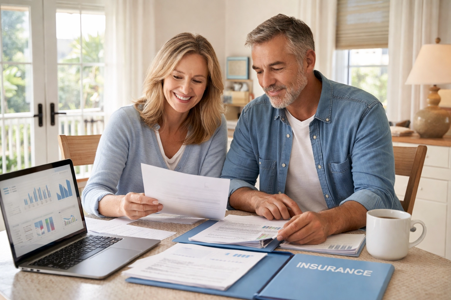 Couple reviewing flood insurance documents together at home, planning for flood insurance cape cod coverage.