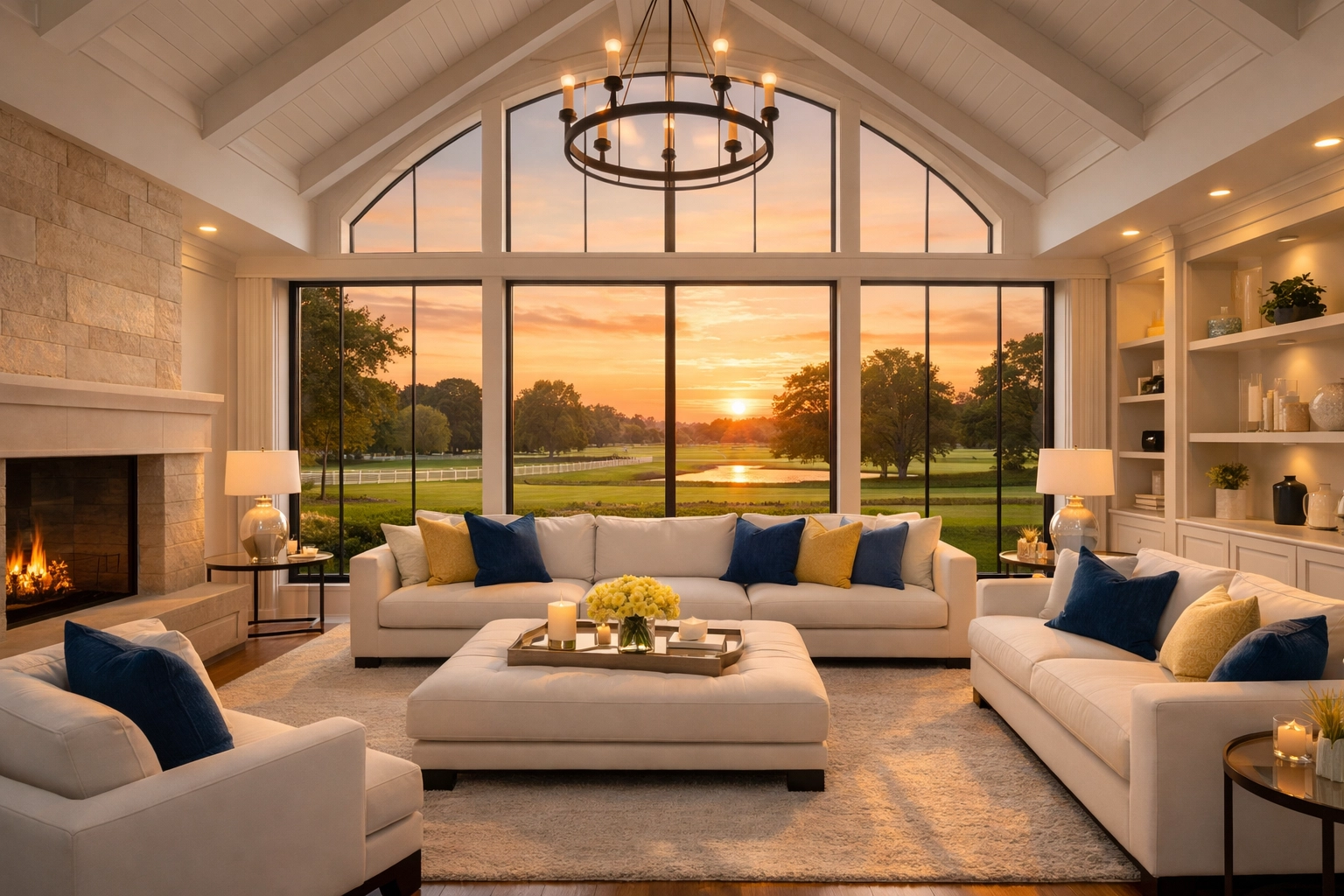 Dust-free luxury Dover estate living room with vaulted ceilings and sparkling interior residential cleaning.