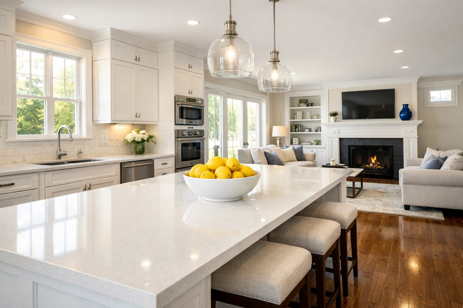 Pristine Wilbraham kitchen with polished floors after a professional weekly house cleaning service.