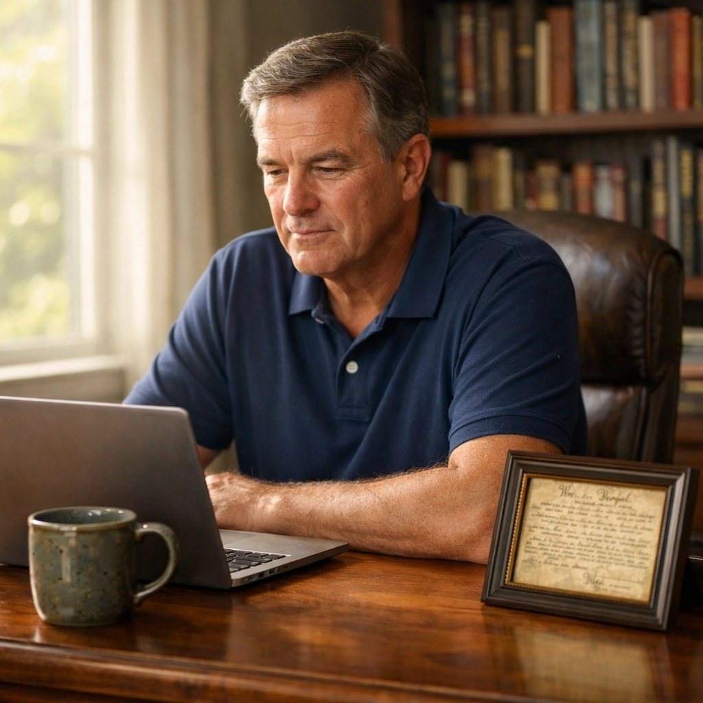 CEO Dan Kost writing his daily letter about American history and leadership in a sunlit home office.