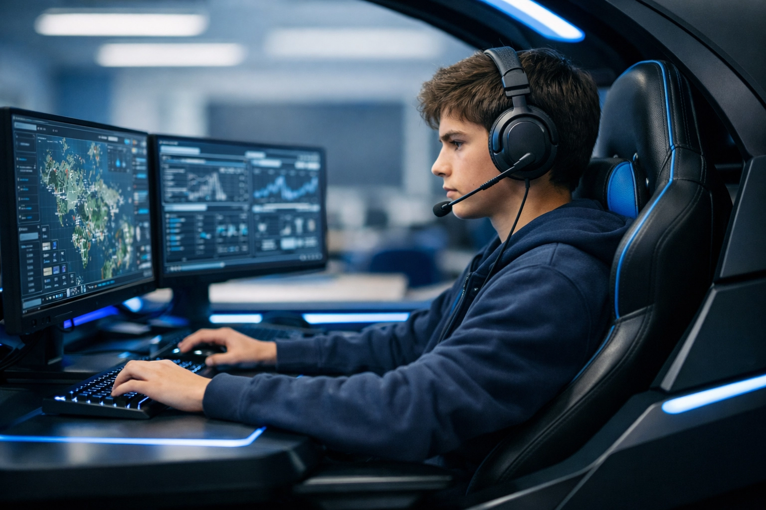 High school student using a tech-focused esports pod for strategic educational growth and simulation.