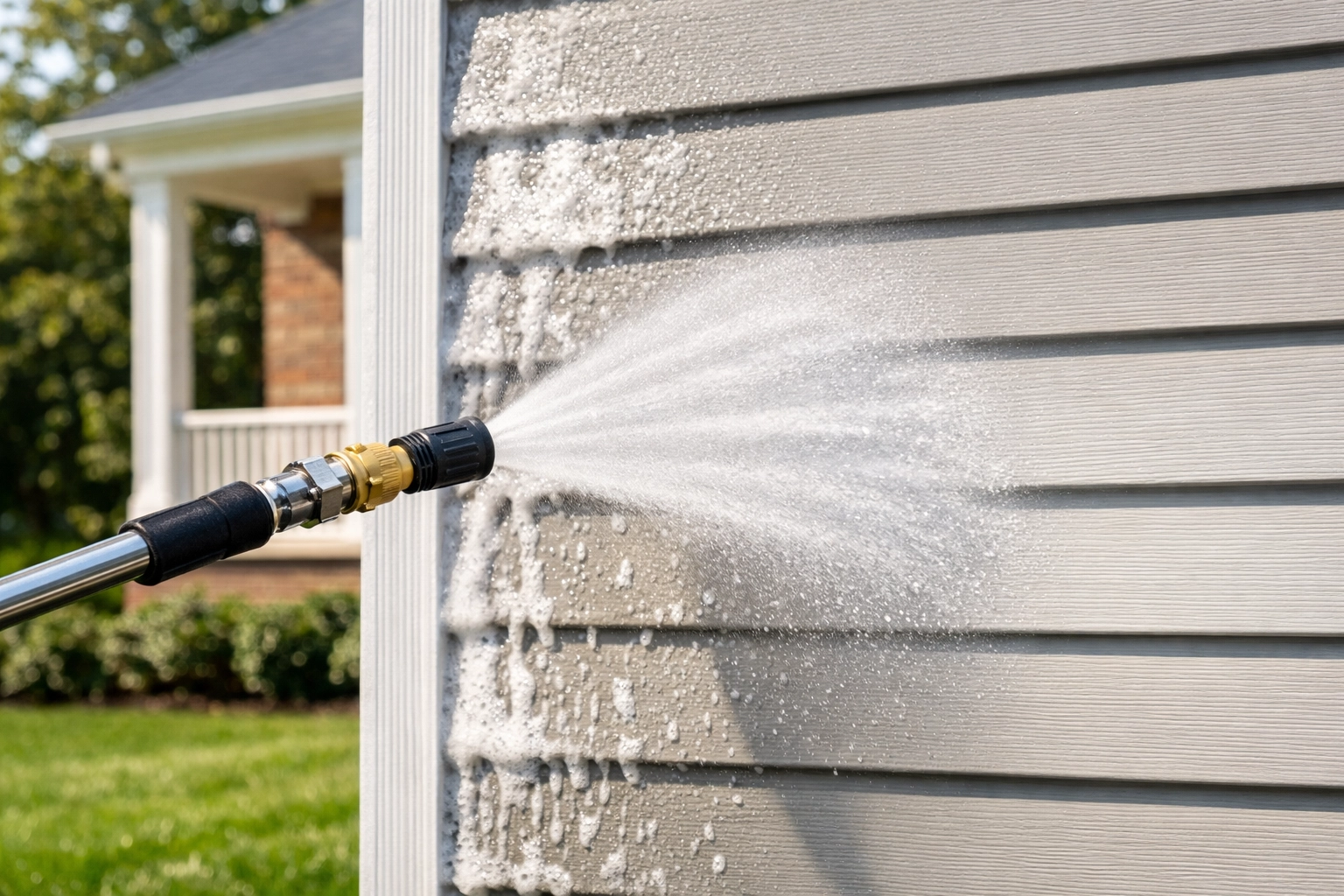 Soft wash cleaning method safely removing grime from vinyl siding on a Maryland home.
