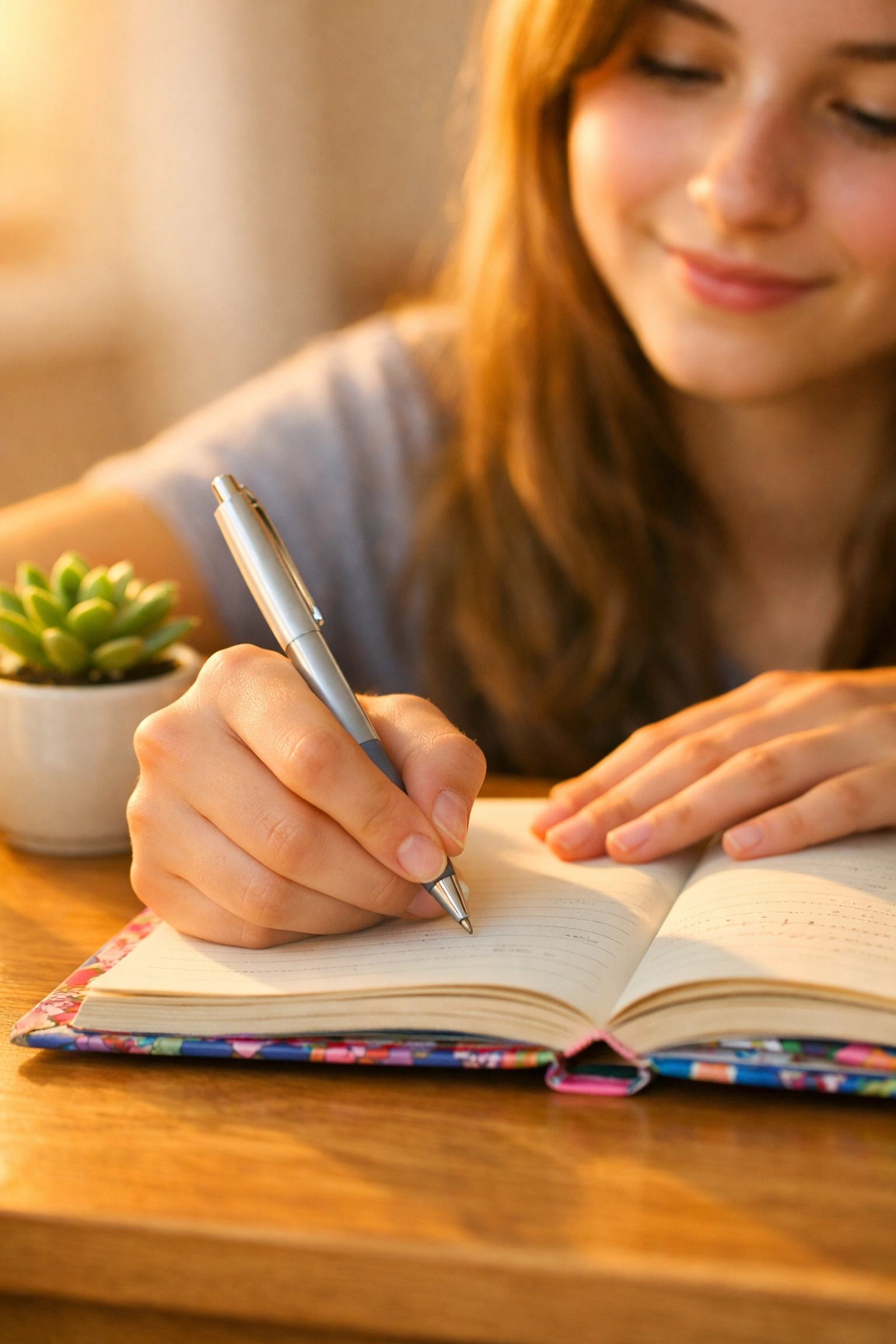 A girl journaling at a desk, reflecting on her healing and personal growth at a youth residential treatment center.