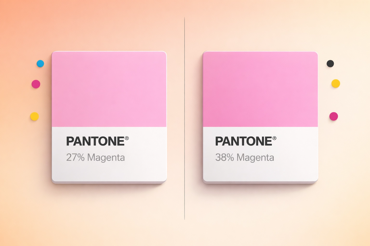 Pantone color swatch comparison showing different CMYK conversion values from software programs
