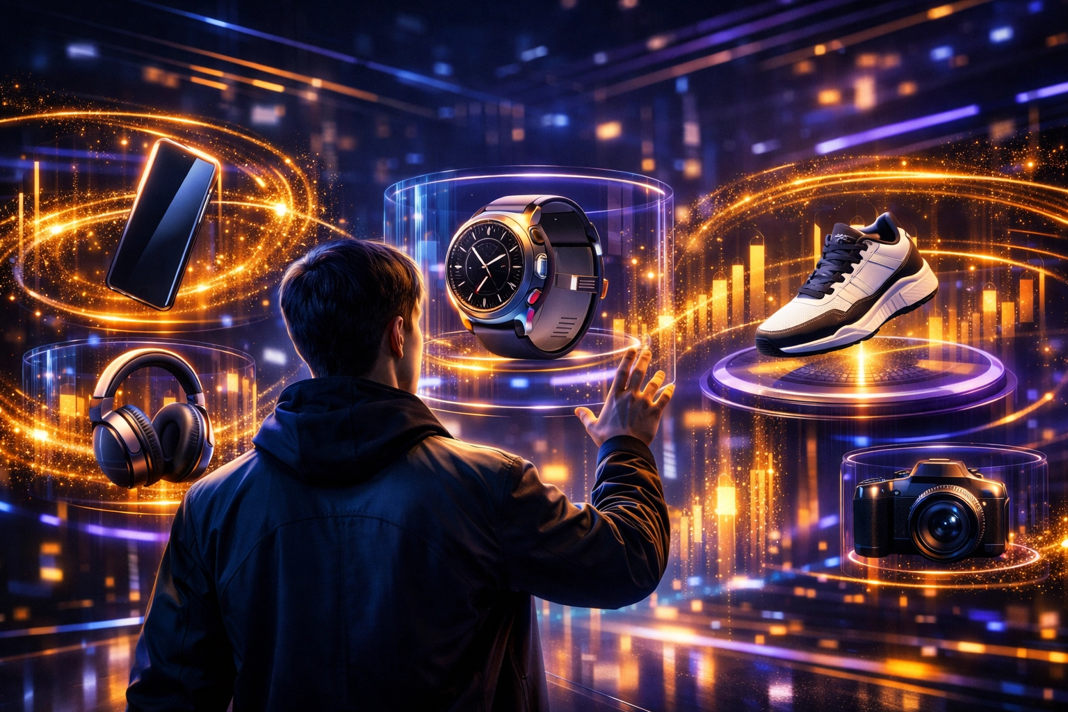 AI-driven shopping in the Larecoin metaverse marketplace featuring holographic products and crypto payments.