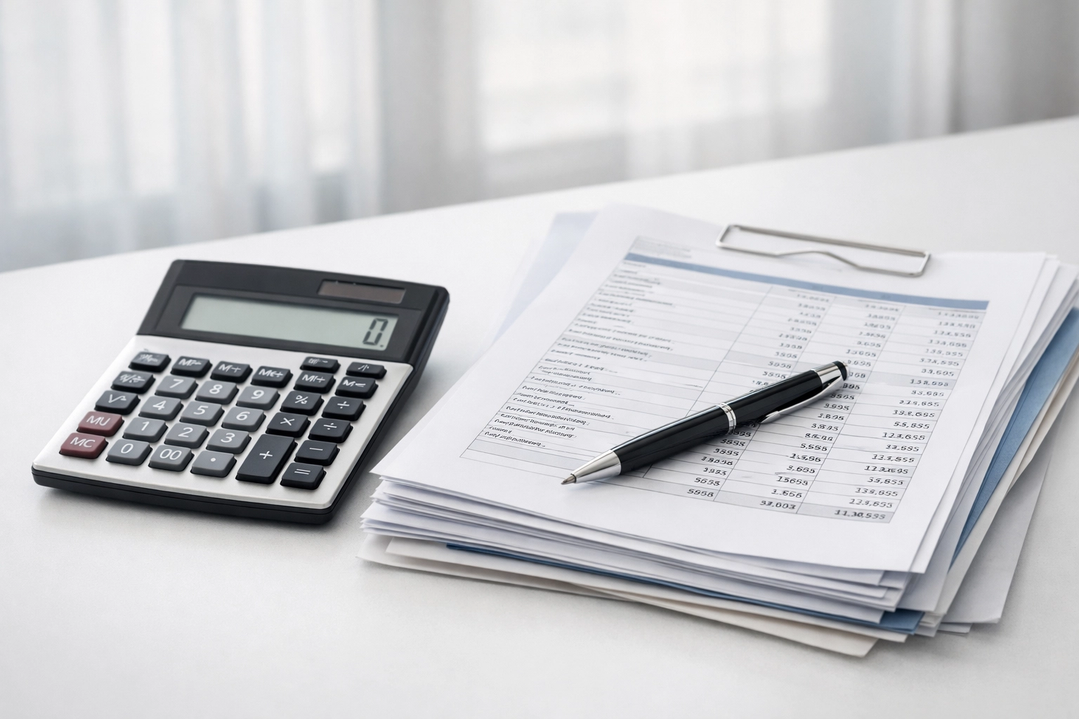 Calculator and financial documents for analyzing service bureau fee structure and tax preparation costs