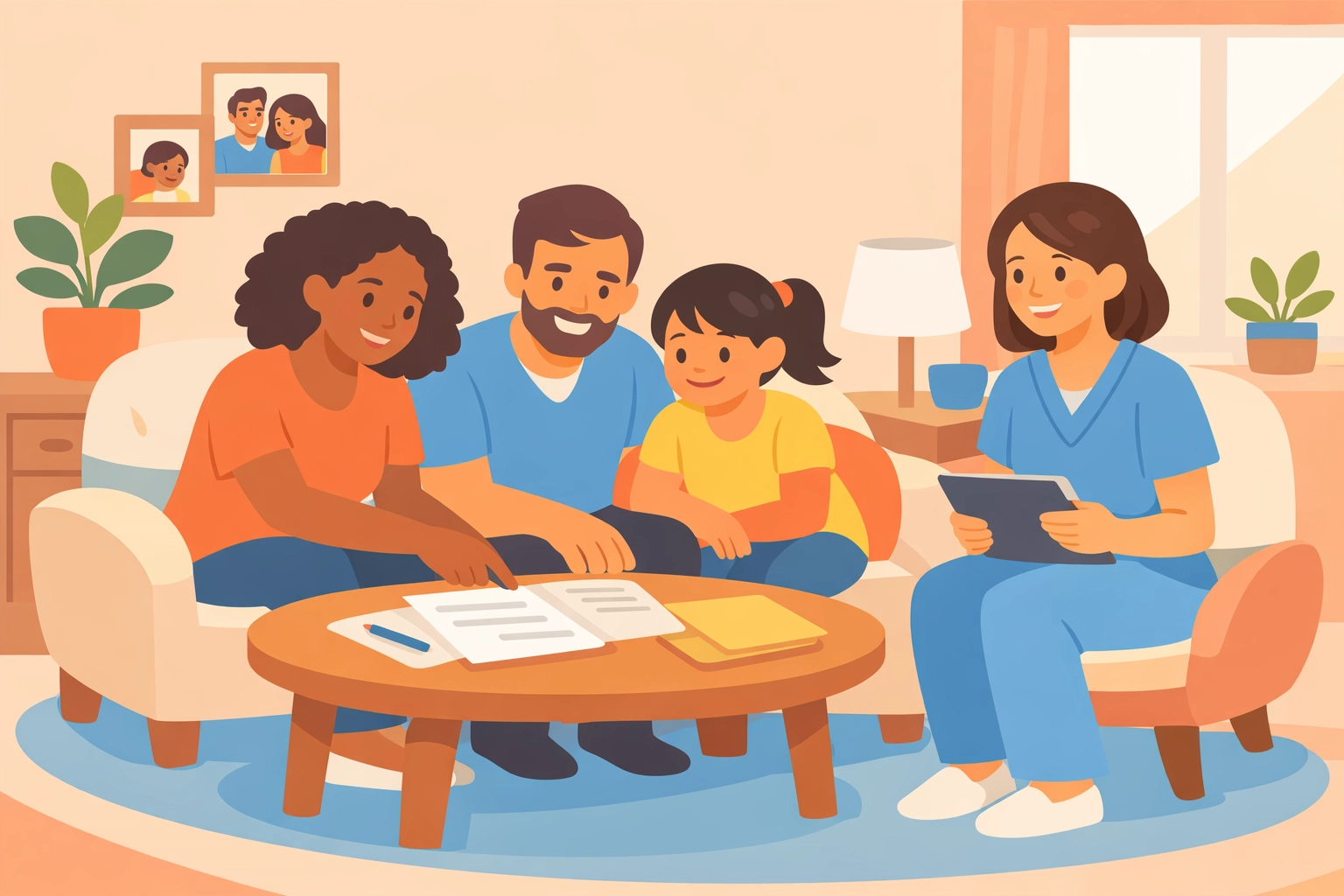 Family meeting with home care professional discussing flexible care options in Georgia