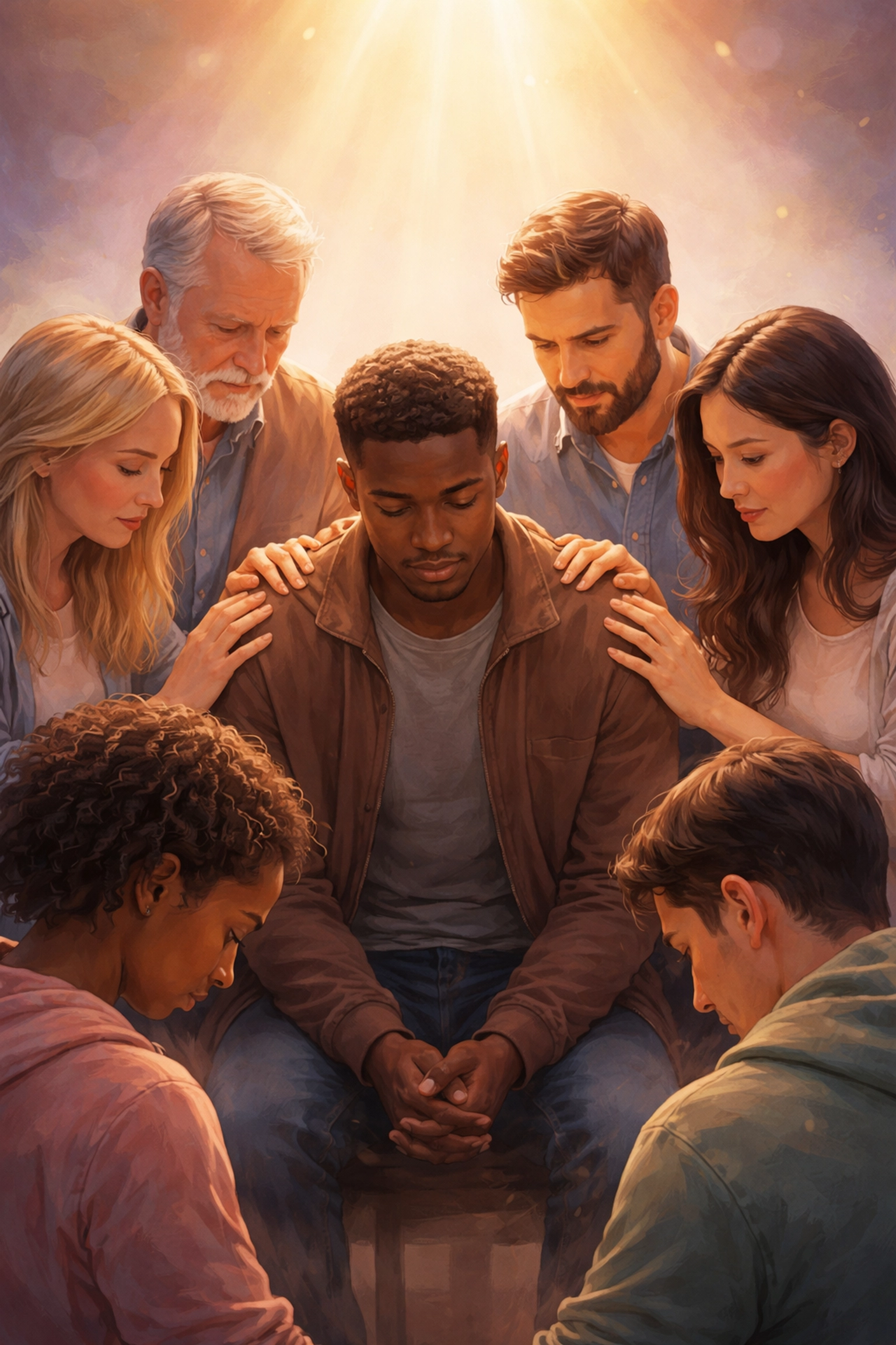 A supportive group prays together, highlighting community, compassion, and faith in times of sickness and healing.