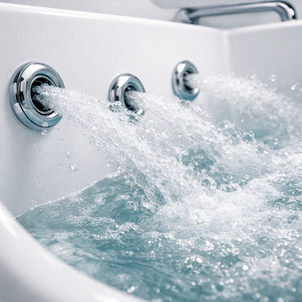 Therapeutic water jets in action inside walk-in tub for pain relief