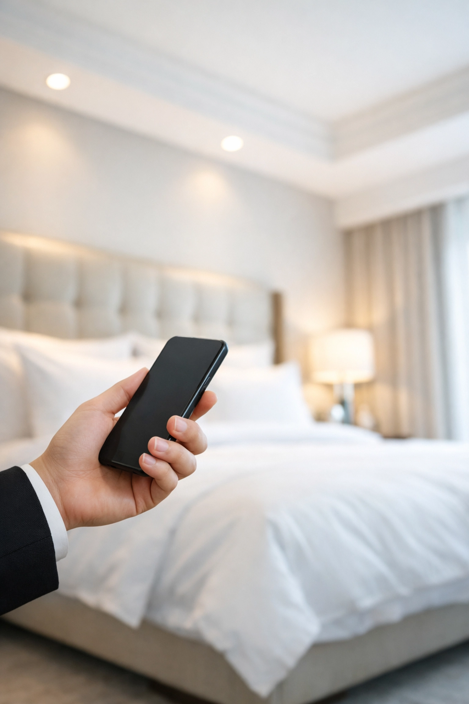 Hotel staff using a mobile device for real-time room updates via a cloud-native hotel PMS.