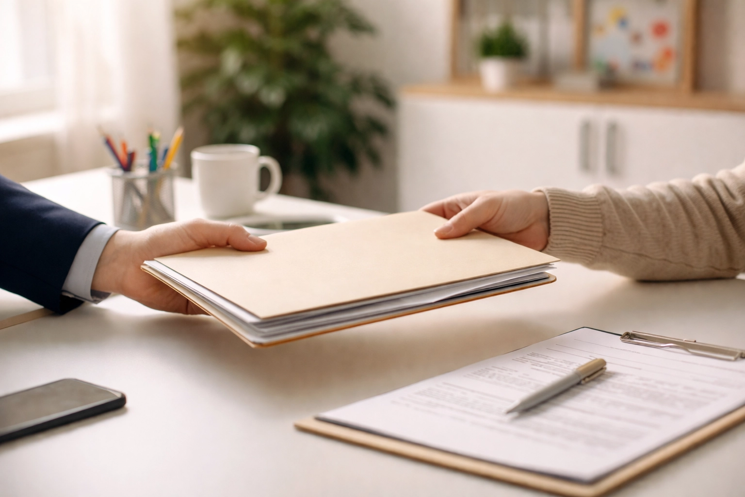 Parent and professional exchanging estate plan documents in a supportive law office setting