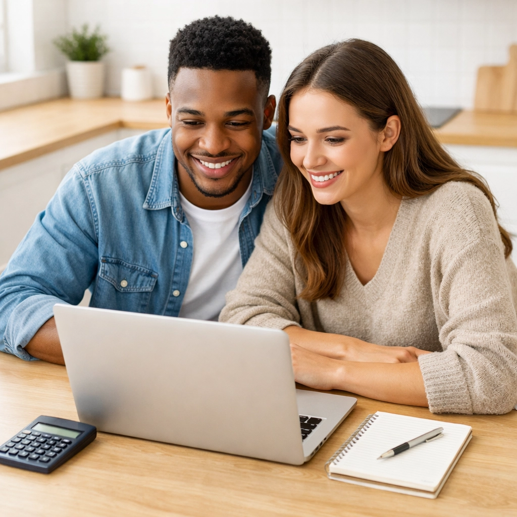 Young Texas couple reviewing credit building strategies on laptop together