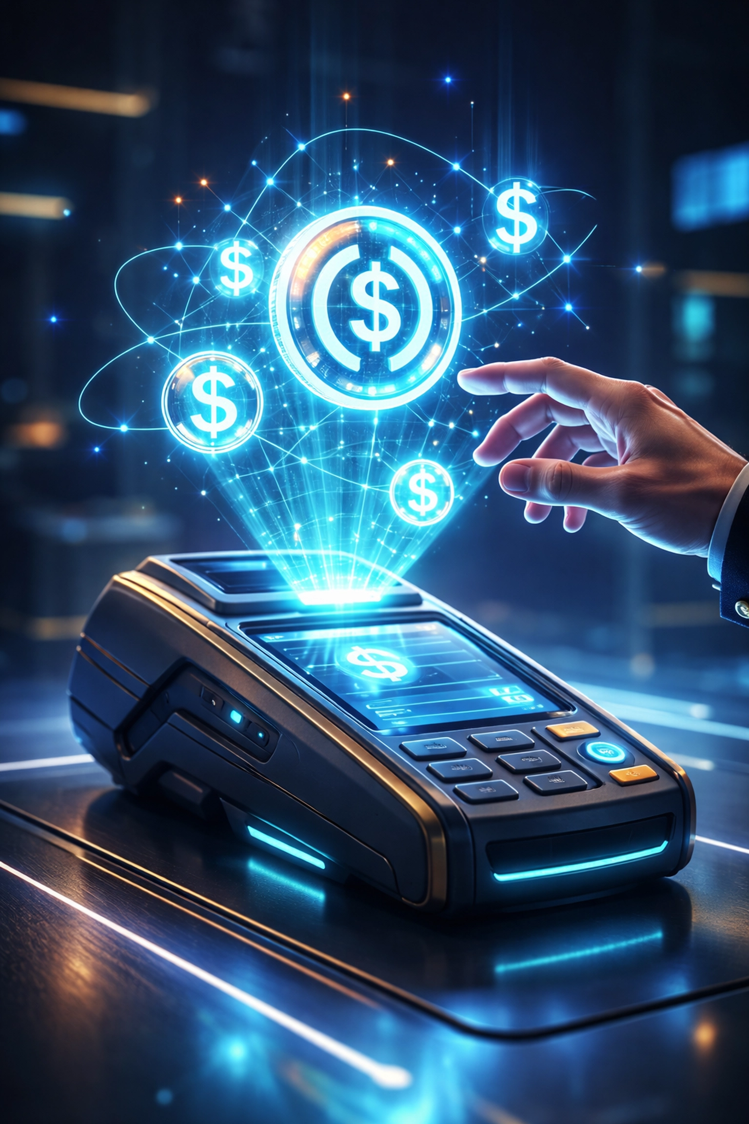 Futuristic payment terminal with floating stablecoin icons shows how Web3 reduces merchant interchange fees and enables direct blockchain settlement.