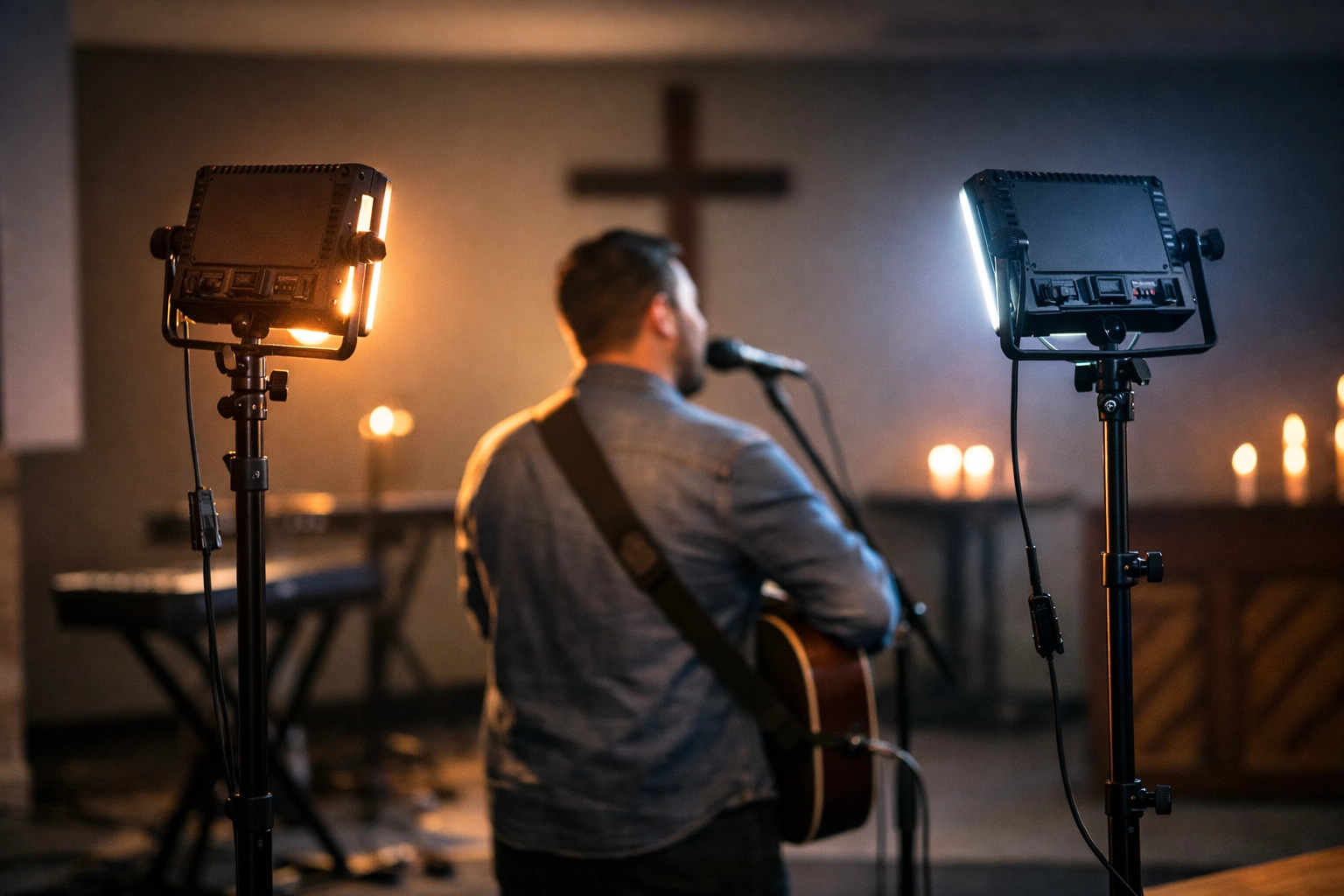 Affordable LED panel lighting setup with stands creating professional worship space video quality