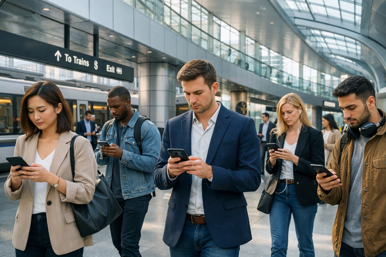 Commuters engaged with their mobile devices in a modern city, reflecting Disney Plus subscriber growth trends.