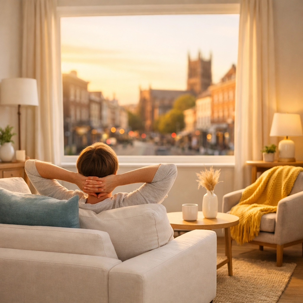 Relaxed homeowner in a clutter-free living room after professional Worcester house cleaning.