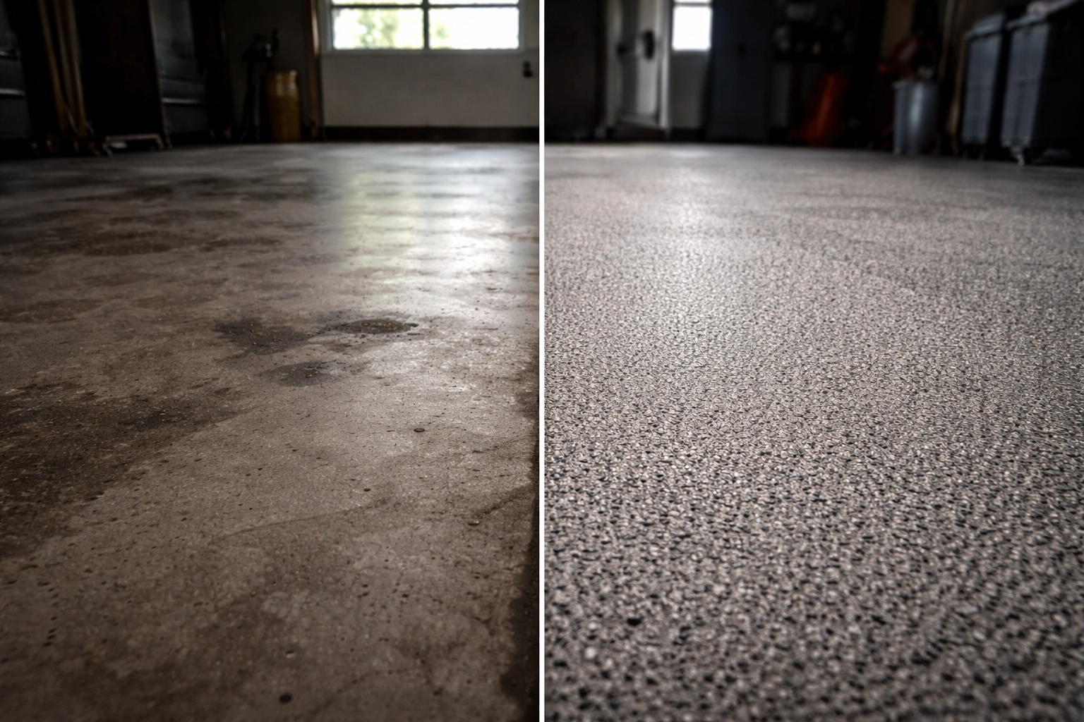 Side-by-side view of poorly prepared vs. professionally ground garage concrete surfaces for epoxy coating prep