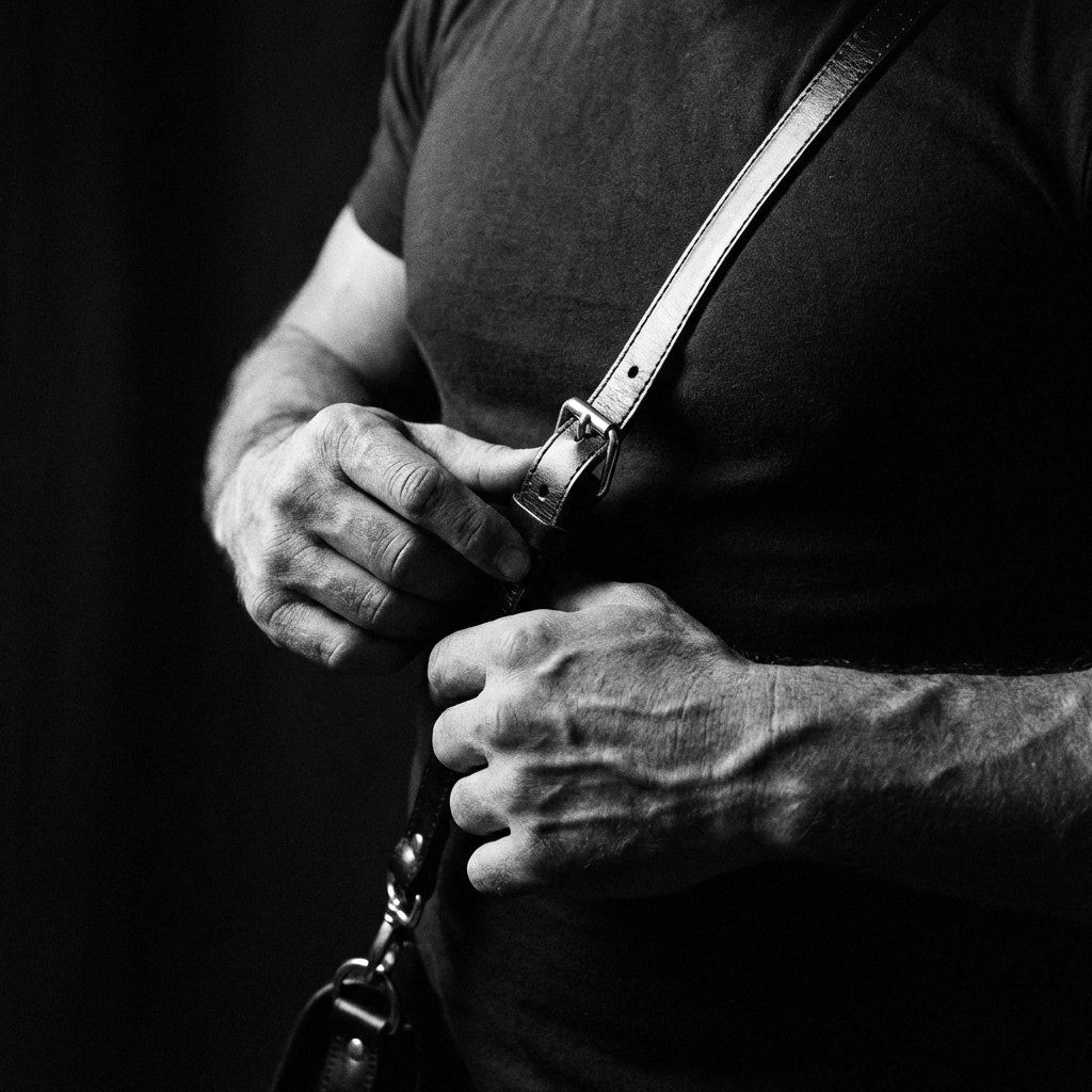Close-up of a man buckling a leather harness, reflecting themes in popular MM romance books and gay fiction.
