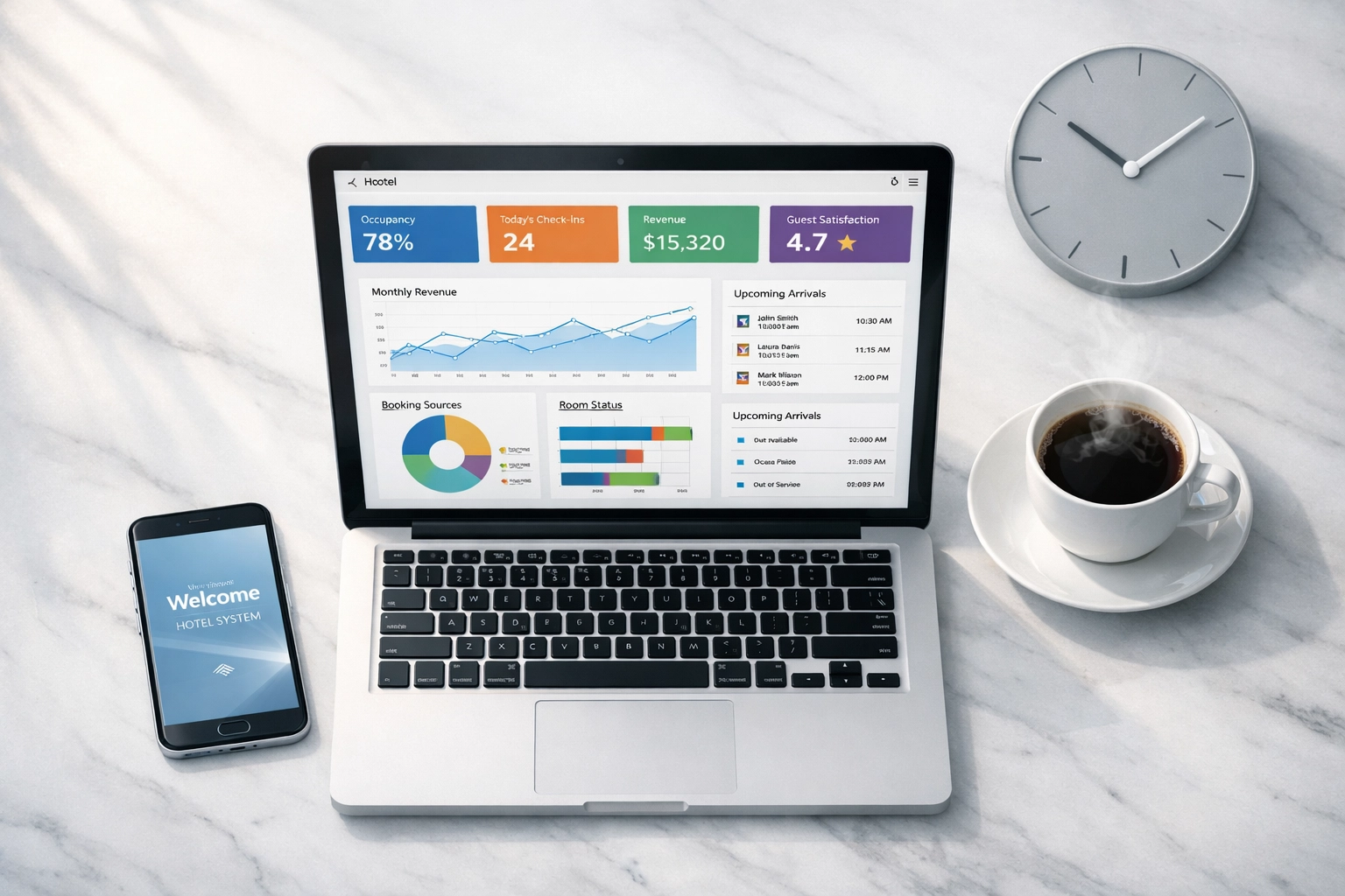 Hotel PMS dashboard on laptop during morning tech audit with coffee and clock