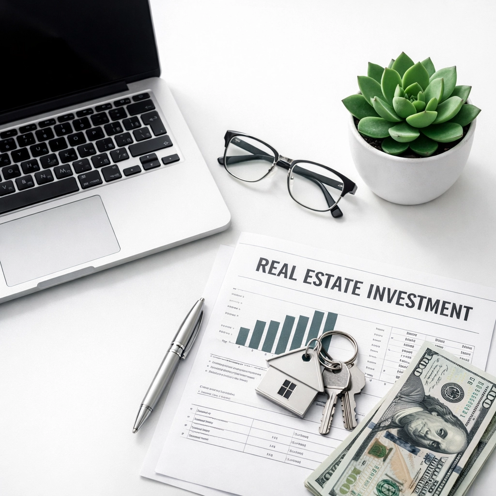 Minimalist workspace layout representing strategic financial planning for a Texas bridge loan exit.