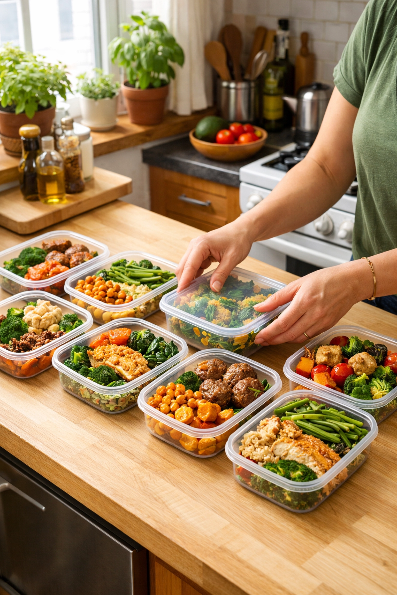 Meal prep containers with healthy meals organized in apartment kitchen for weekly budget savings 15 Ways to Save Now: The Solo Woman’s Guide to Financial Resilience