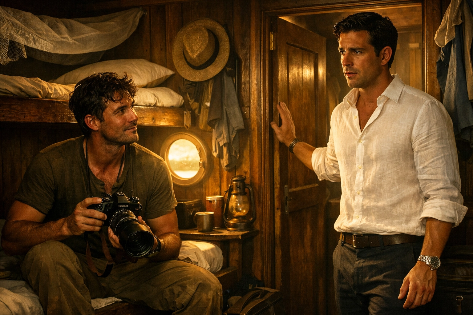 Two men sharing a small riverboat cabin in a forced proximity MM romance story set in the Amazon.