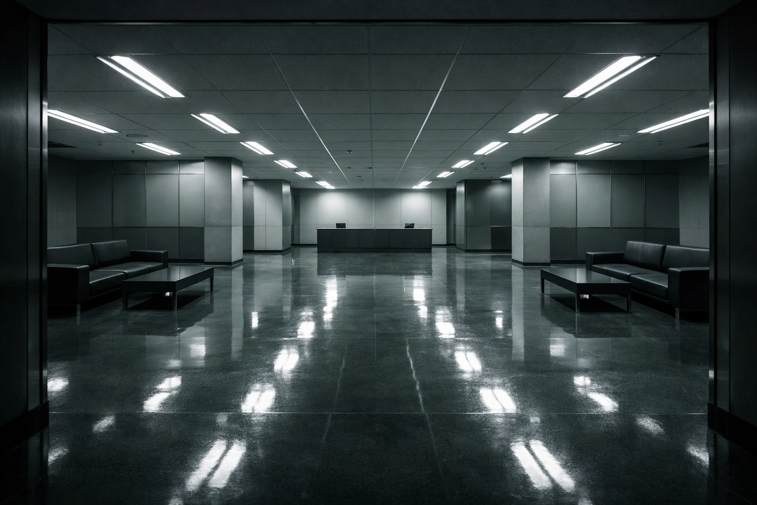 Sterile modern lobby with no focal point showing common design mistakes