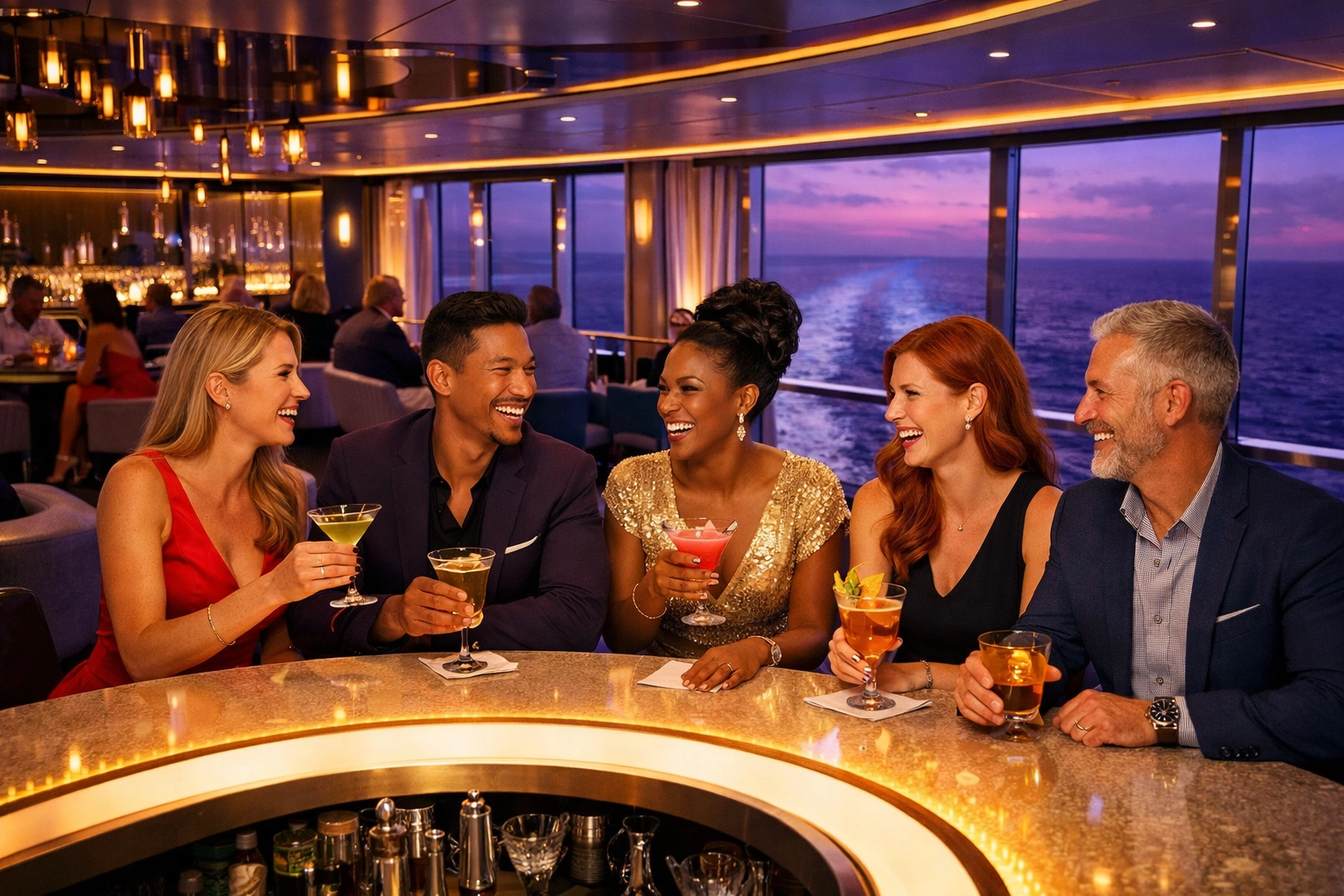 Friends in an adults-only lounge booked through a professional cruise travel agent.