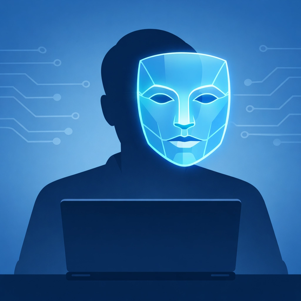 Digital mask illustration representing AI deepfake scams targeting Sarasota County businesses and computer users.
