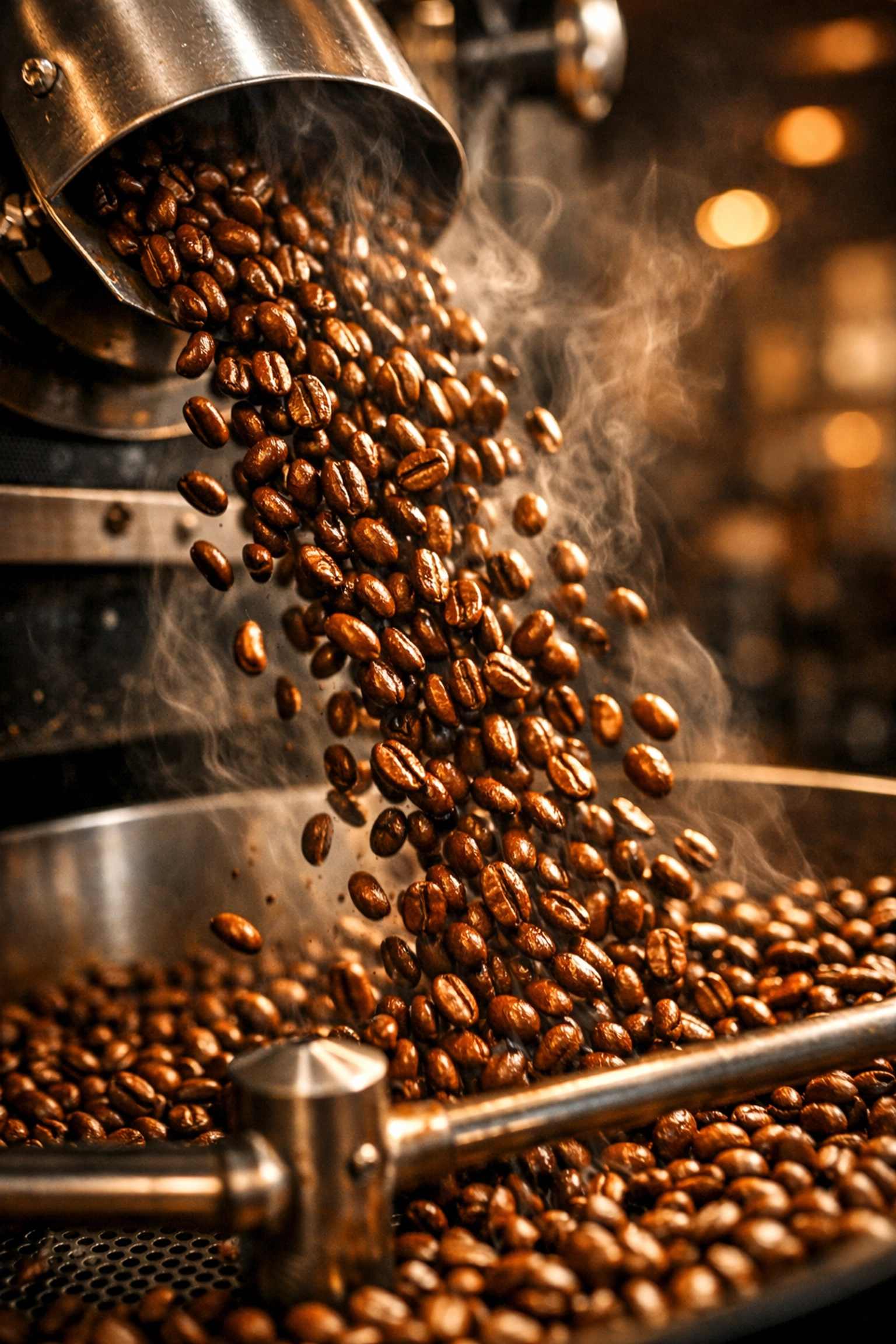 Small-batch coffee roasting process with fresh beans being poured from roaster into cooling tray