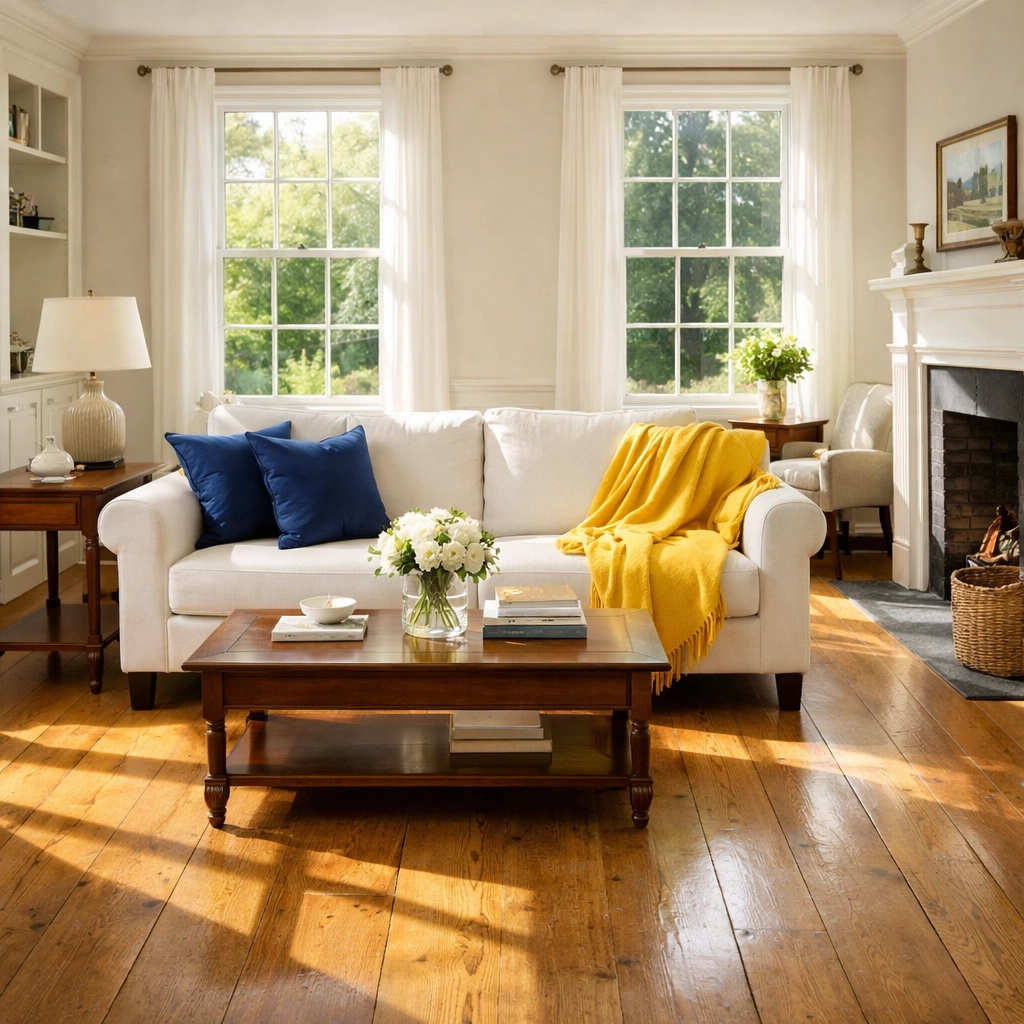 Sun-drenched living room showcasing the benefits of weekly house cleaning in a historic Lexington home.