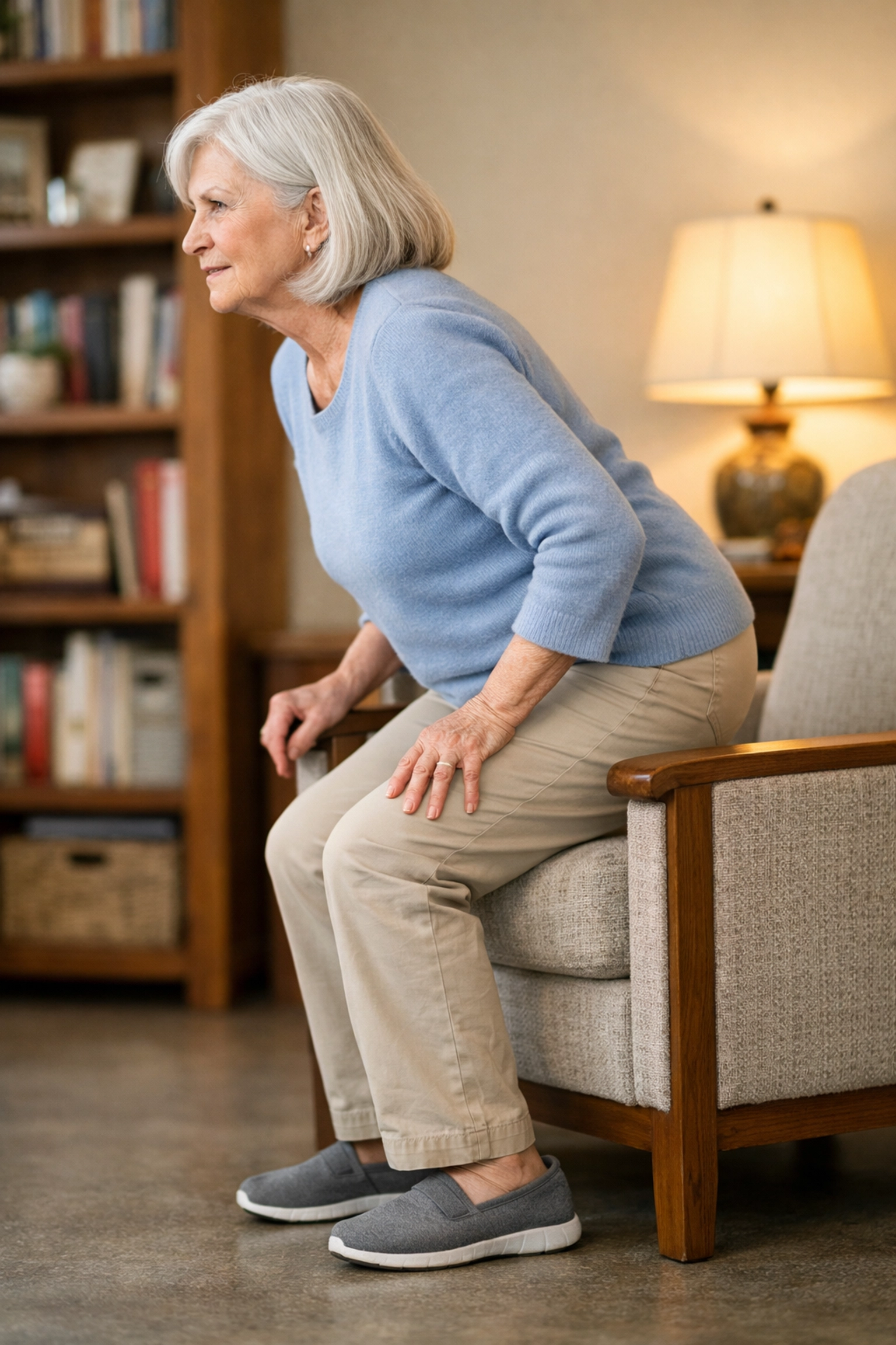 Senior woman practicing a sit-to-stand exercise as part of a functional mobility assessment.