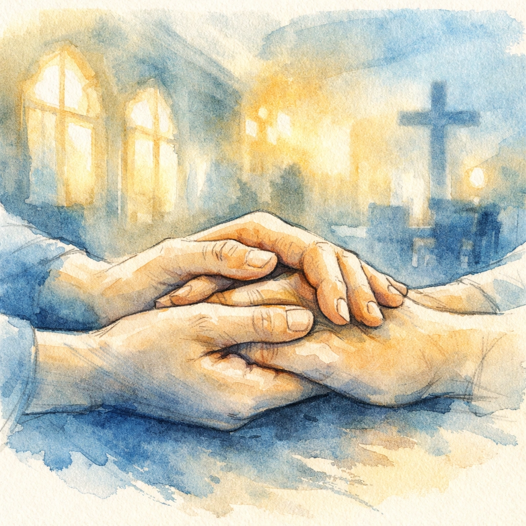 Caring hands holding another person's hands in prayer and comfort at church