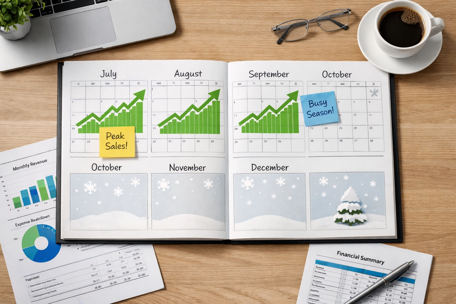 Business owner's desk showing seasonal revenue patterns and financial planning documents
