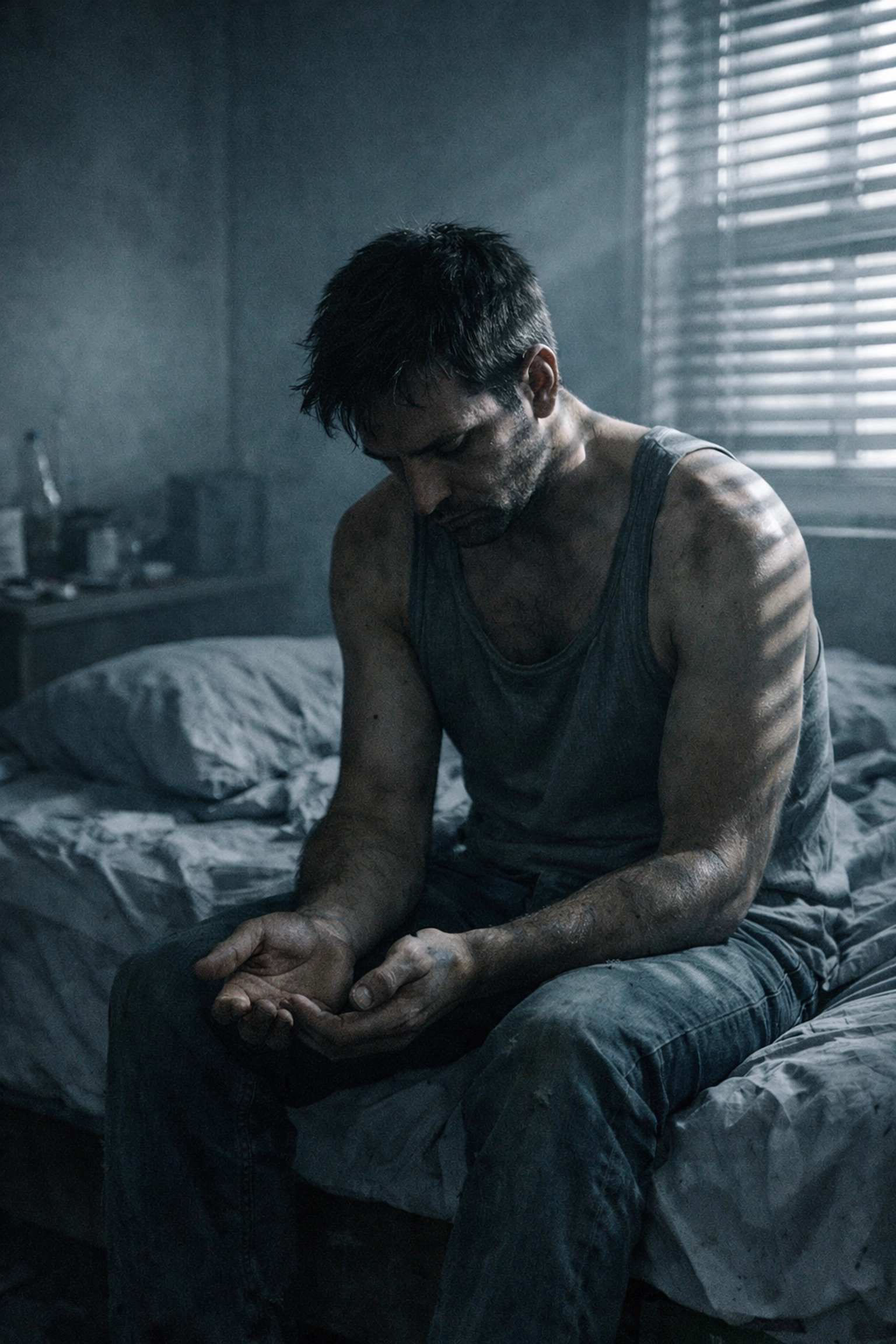 A lone gay man sitting on an unmade bed, reflecting the emotional exhaustion and stress of addiction.