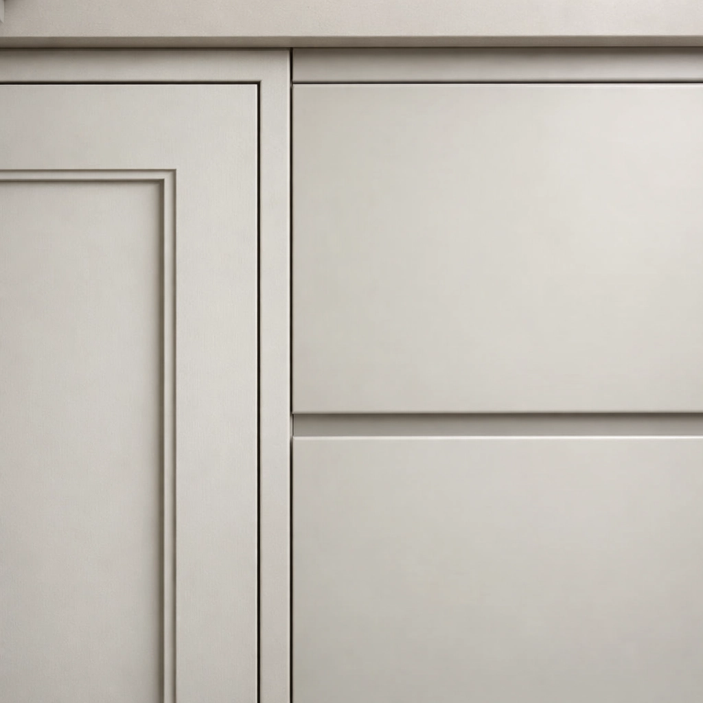 Slim Shaker style kitchen cabinetry with handleless design in neutral tones