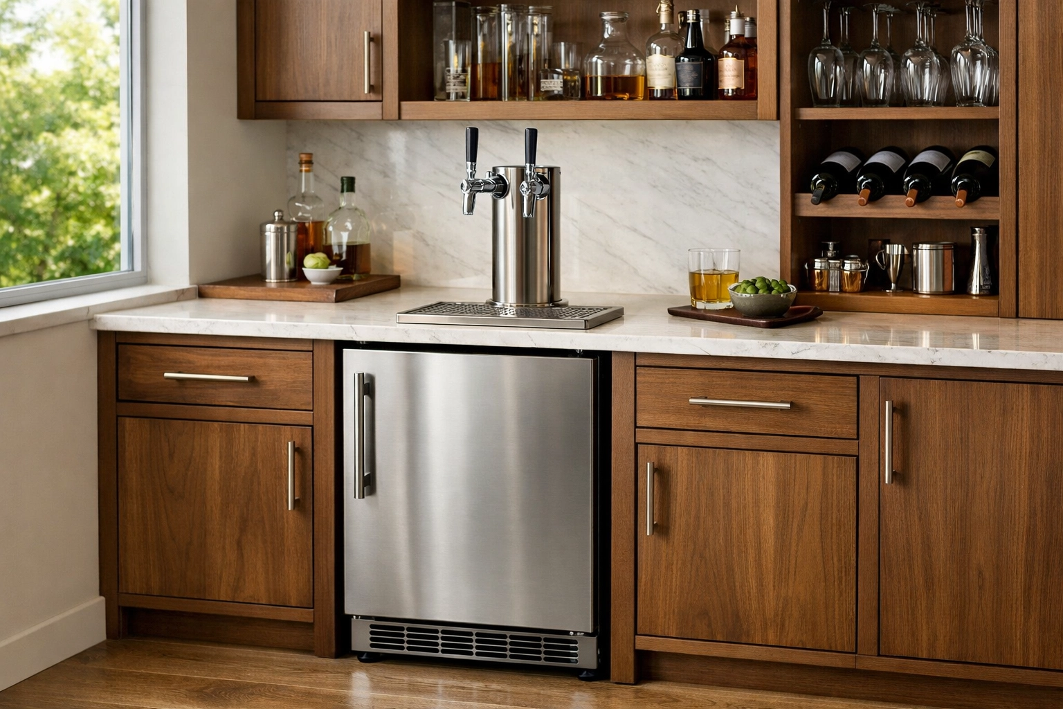 Luxurious home bar with stainless steel kegerator